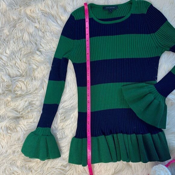 Ann Taylor Green & Blue Ruffle Cuffs Long Sleeve Rib Knit Peplum Sweater - Picture 6 of 10